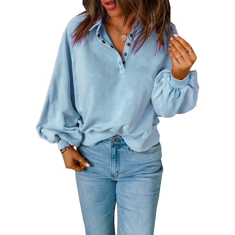 Long-sleeve Blue-dyed V-neck Pullover Sweatshirt