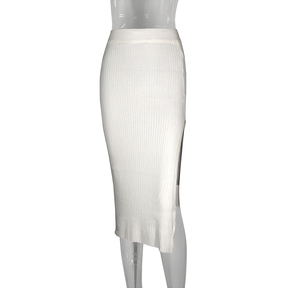 Summer Sexy High Waist Skirt Knitted Slit Skirt Mid-length White Sheath Hot