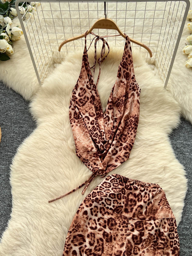 Sexy Scooped-neck Leopard-print Tank Top With High-waisted Flared Pants