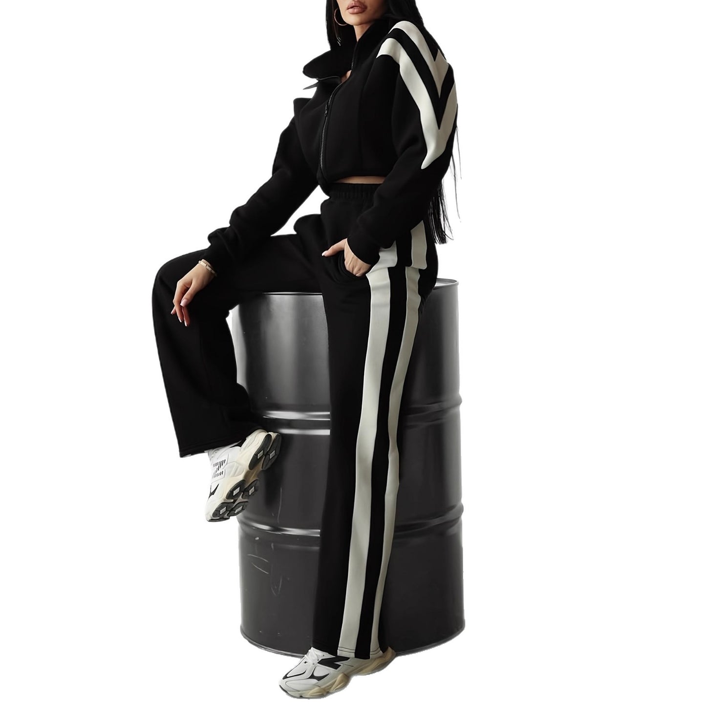 Stitching And Brushed High Waist Casual Straight Trousers Ladies Two-piece Set