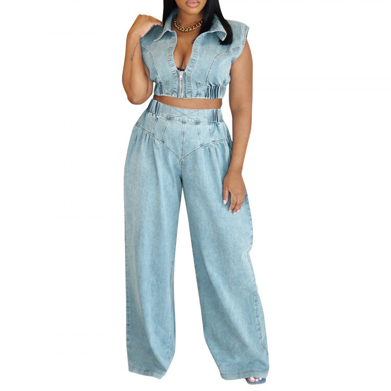 Women's Jeans Suit Sexy Sleeveless Two-piece Suit