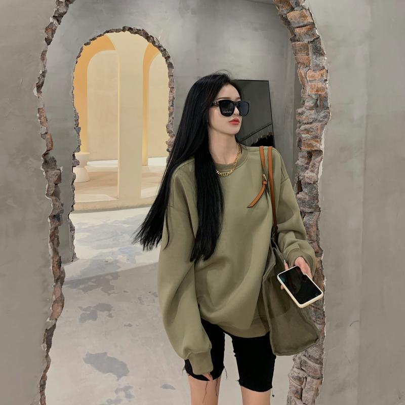 Women's Loose Green Long Sleeve Round Neck Top