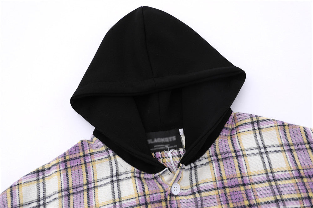 Plaid Colorblock Hooded Shirt Coat Men