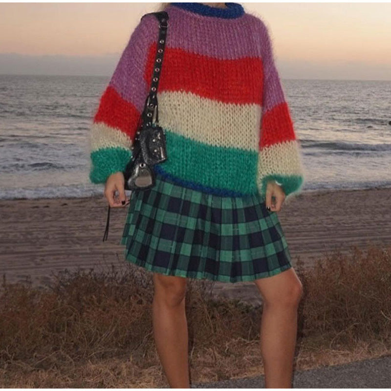 Round Neck Multicolor Lantern Sleeve Sweater Autumn And Winter