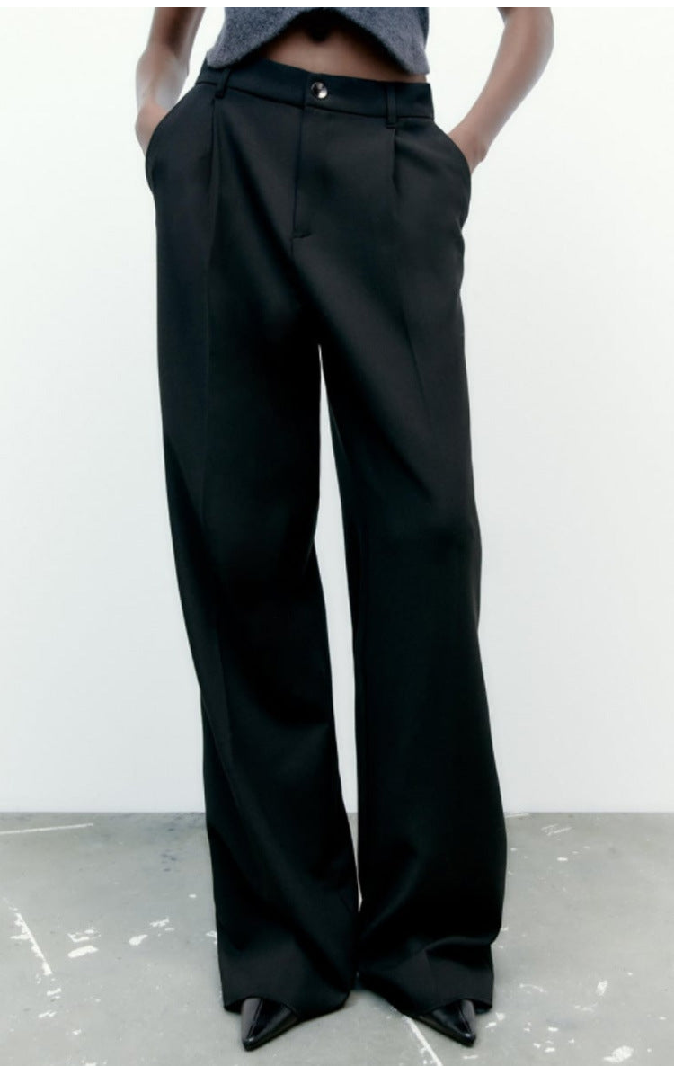 Casual Zipper And Button Closure Front Pleated Design High Waist Trousers