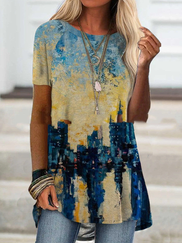 Dame løs T-shirt med print og rund hals og lange ærmer