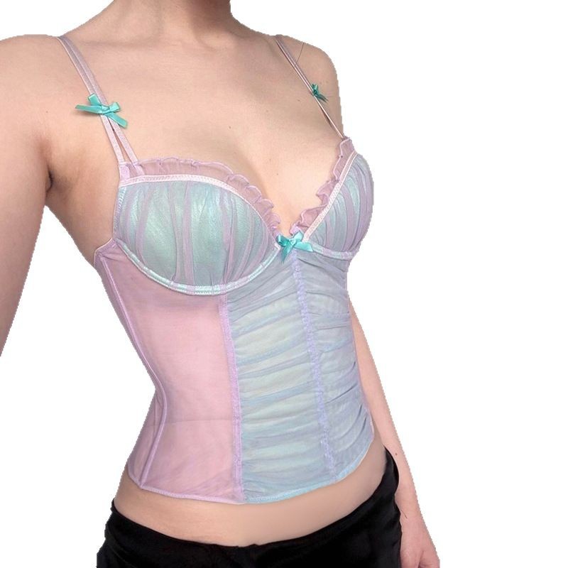 Pure Desire Mesh Stitching Contrast Color Bow Small Sling Vest