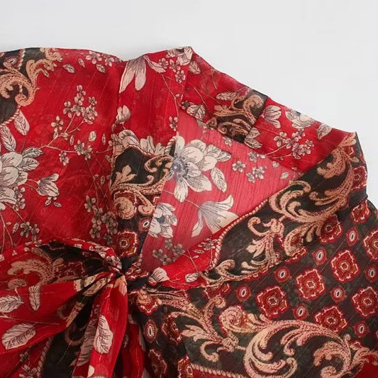 Guldtråd Chiffon Print Skjorte Med Sløjfe