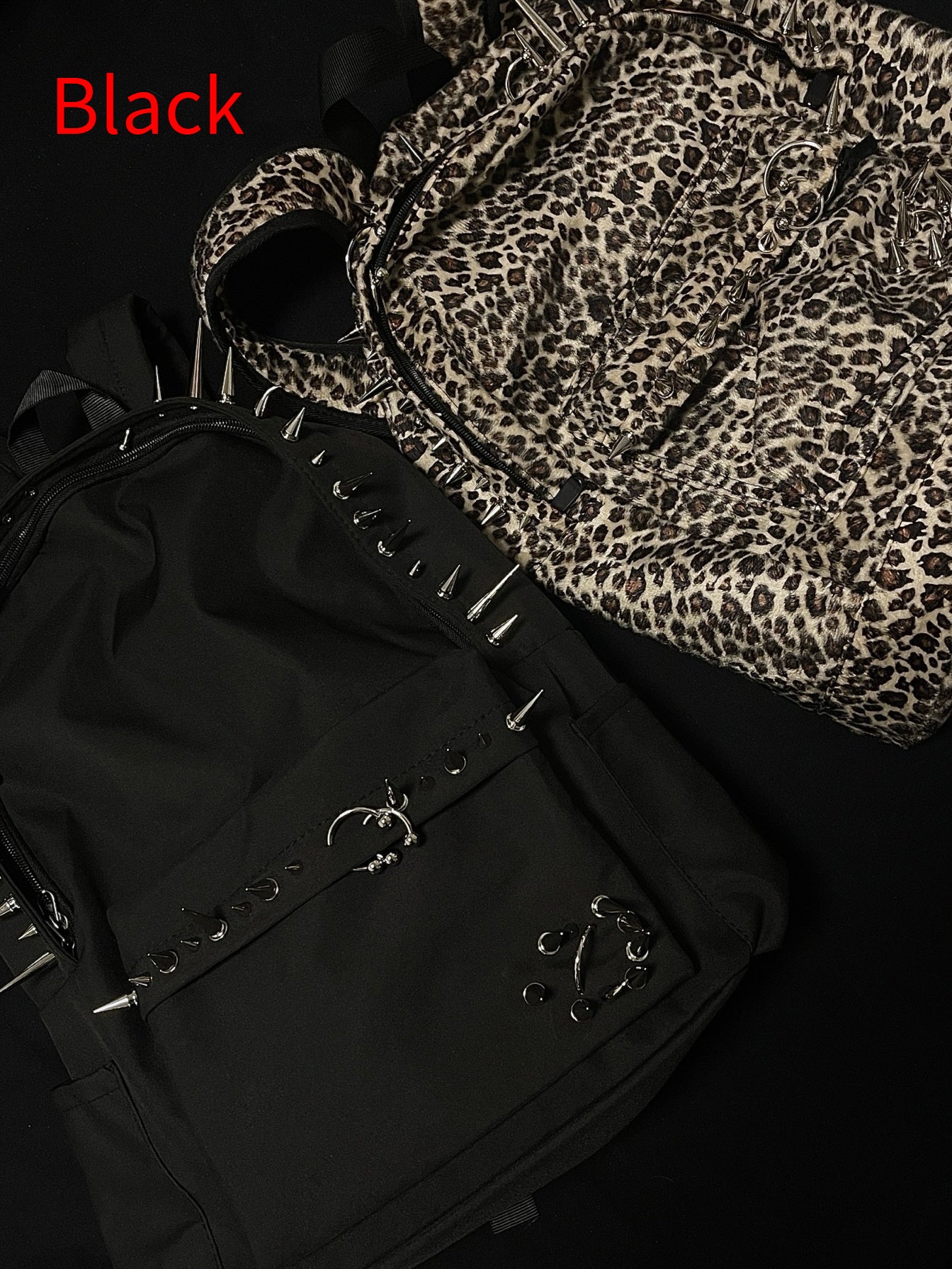 European And American Punk Studded Leopard Print Backpack In Black