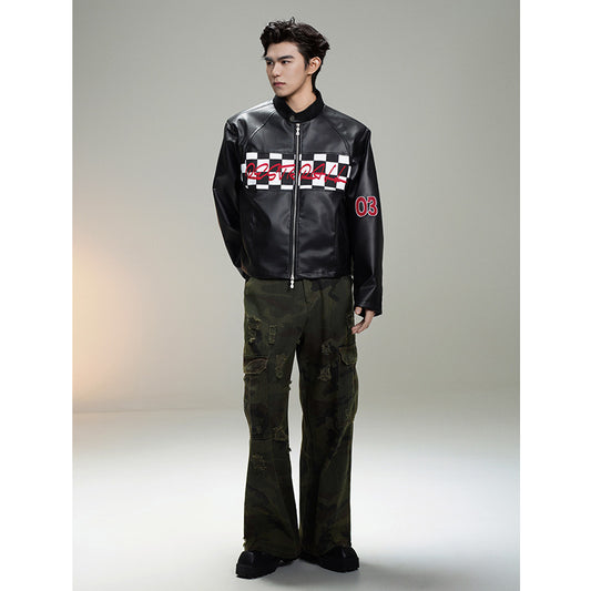 American Retro Plaid Short Stitching Leather Jacket