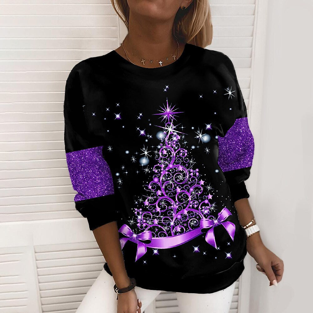 Julesweater til kvinder med 3D digitalprint, pulloverjakke, fashion casual sweatshirt, langærmet printet rundhalset skjortetop