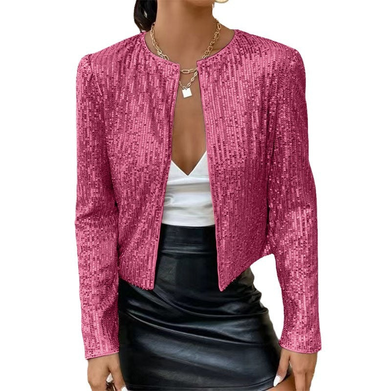 Stand Collar Color Matching Sequins Coat Short Casual Jacket