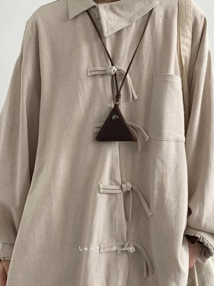Boys' Cotton Linen Loose Button Diagonal Collar Long Sleeved Shirt Jacket