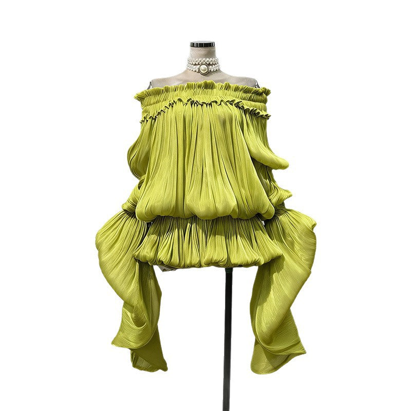 Elegant Off-the-shoulder Short Skirt With Fluttering Straps And A Tie-detail Design