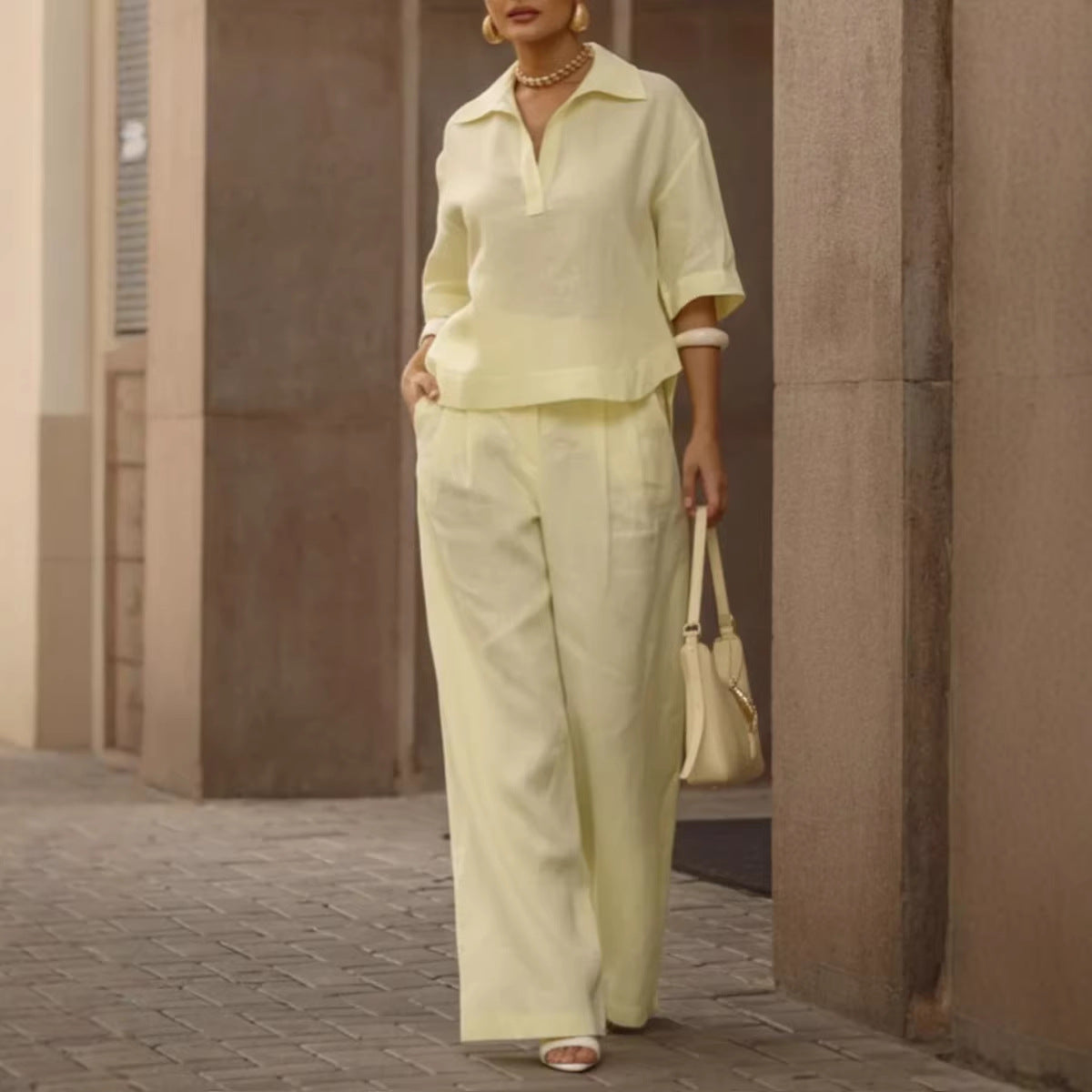 Solid-color Slimming Versatile Wide-leg Pants Two-piece Set