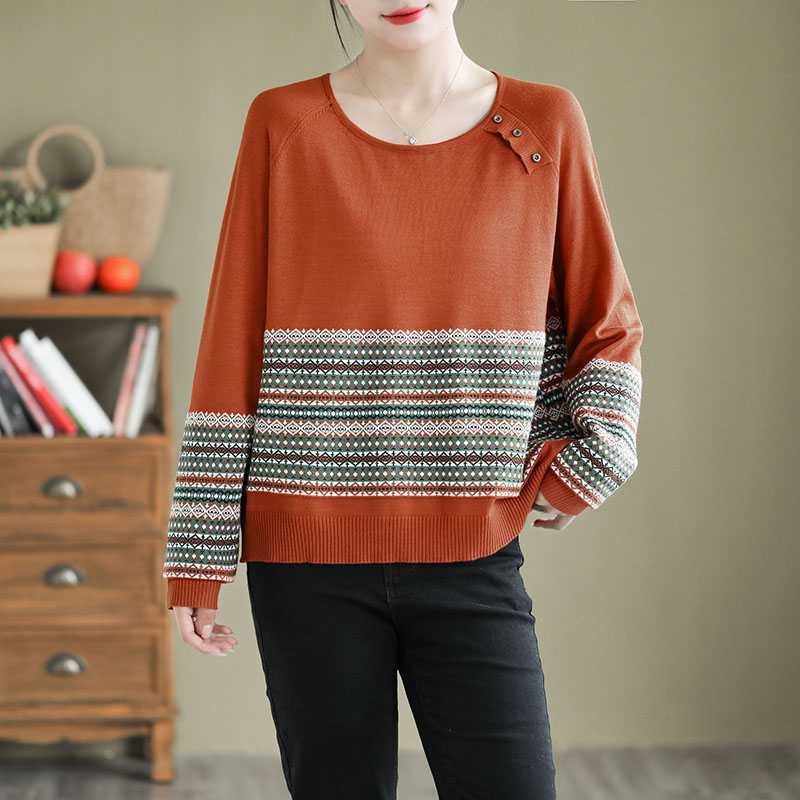 Striped Jacquard Cotton Knitted Sweater For Women