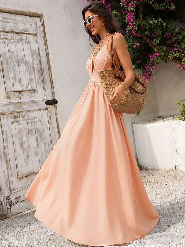Bohemian Slip Dress With Deep V Neck And Positional Print