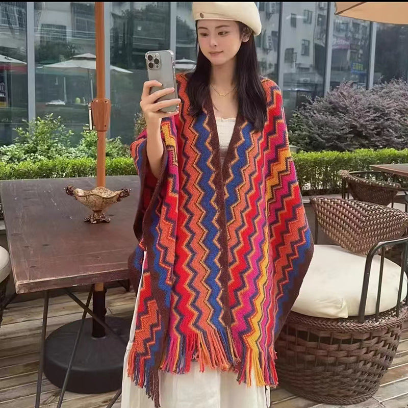 New Wave Pattern Geometric Long Beard Thickened Knitting Slit Travel Scenic Spot Warm Ethnic Style Shawl