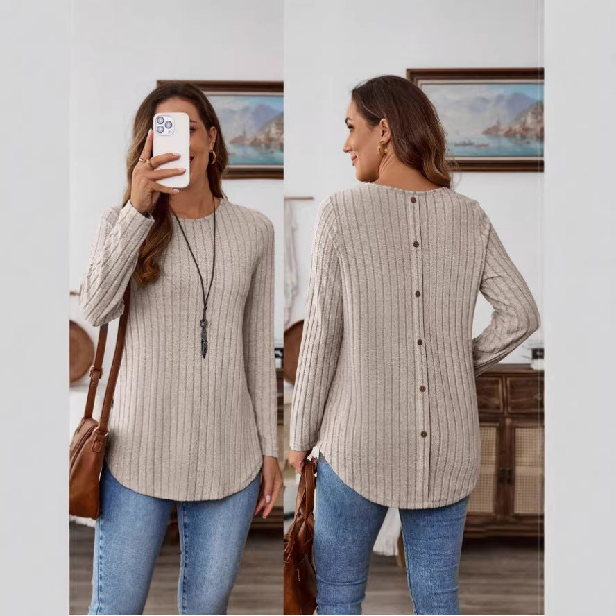 Womens Solid-Color T-Shirt With A Crew Neck Long Sleeves And Buttons