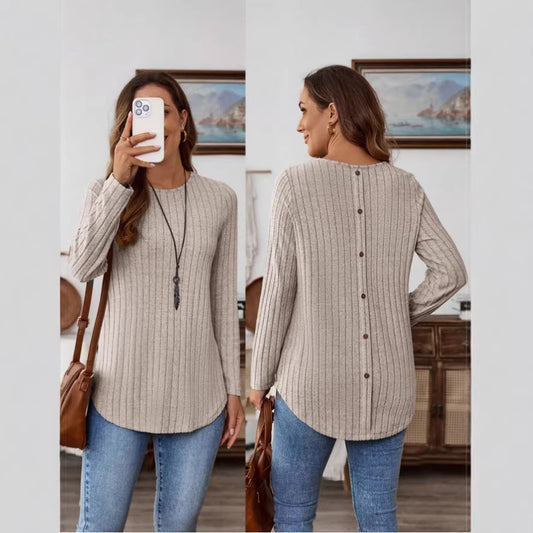 Womens Solid-Color T-Shirt With A Crew Neck Long Sleeves And Buttons