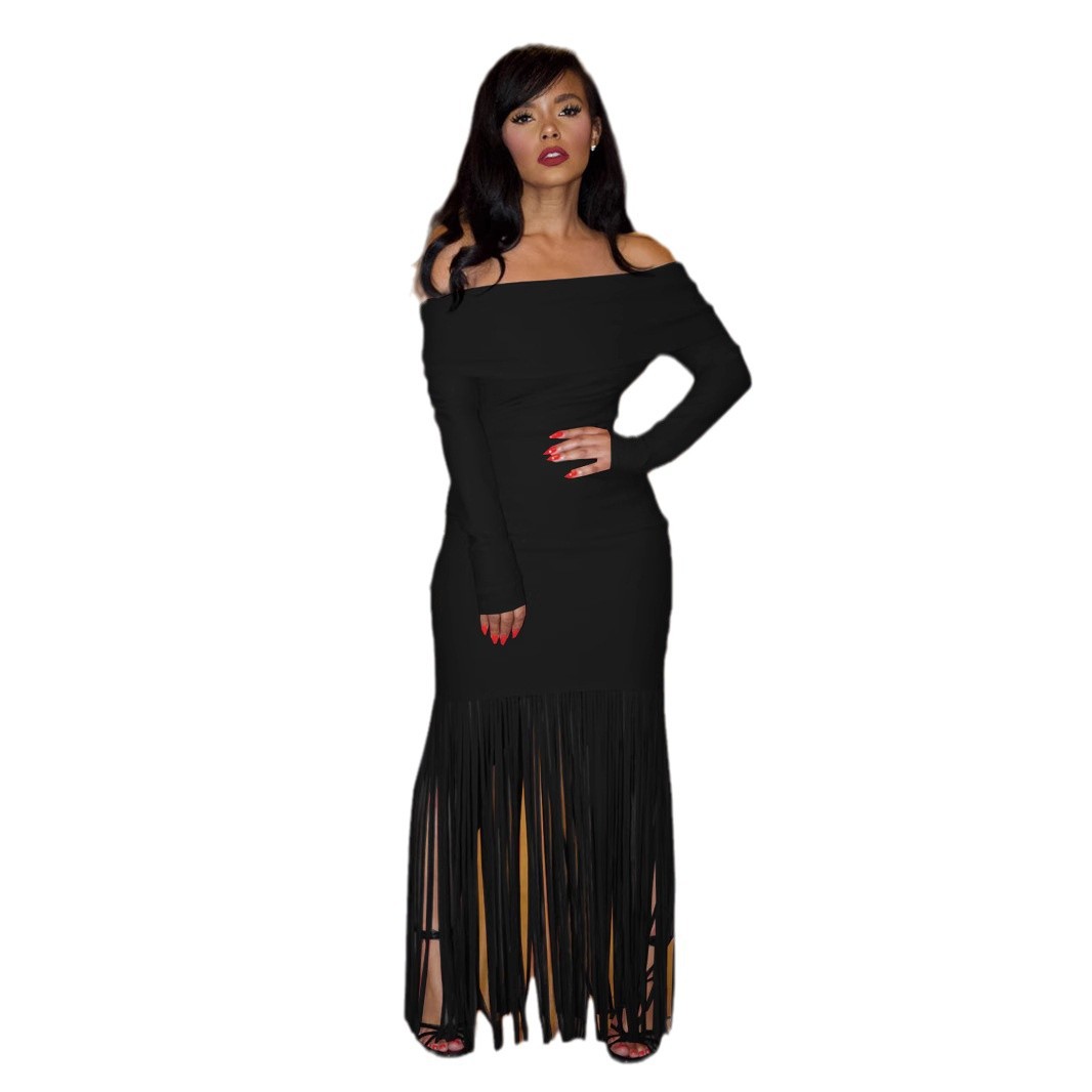Sexy Off-shoulder Elegant Figure-flattering Long-sleeve Tassel Sheath Dress