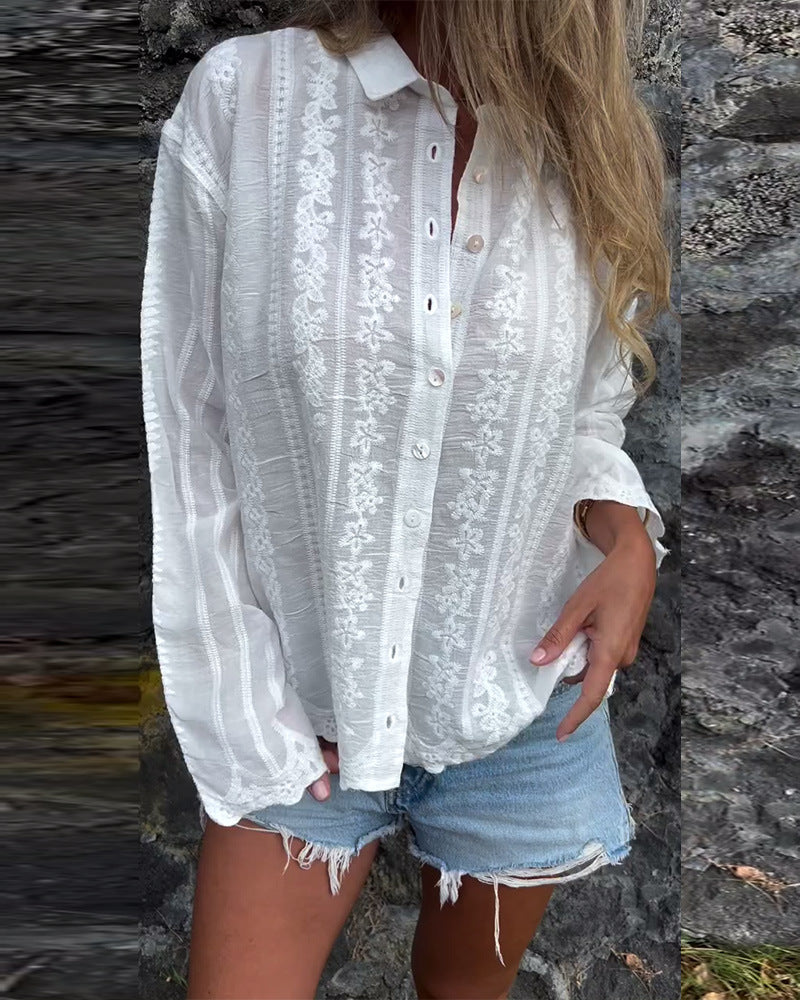 Color Embroidery Hollow Out Polo Collar Shirt Long Sleeve Button Cardigan Top