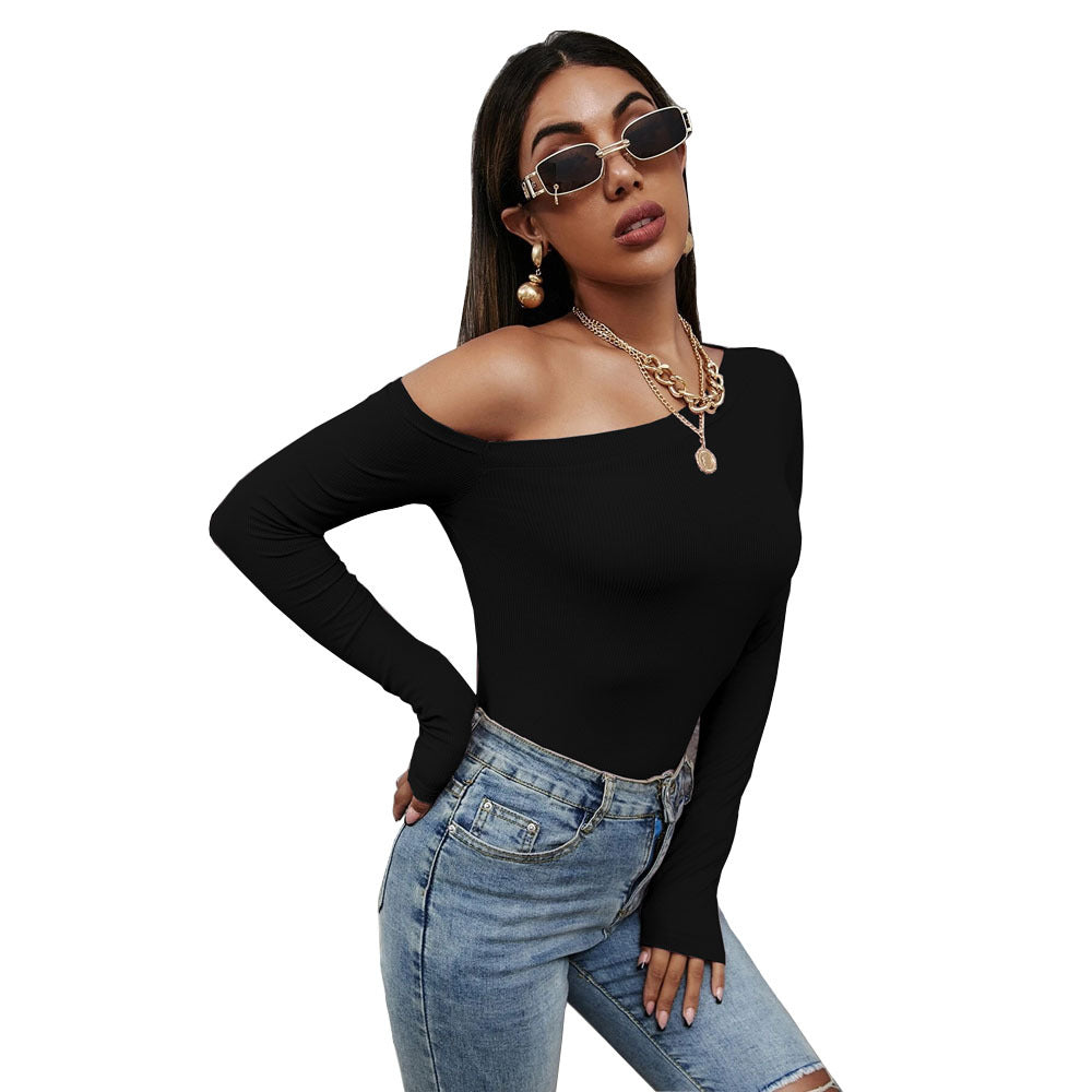 Slanted Shoulder Collar Temperament Slim Long-sleeved T-shirt Knitted Top
