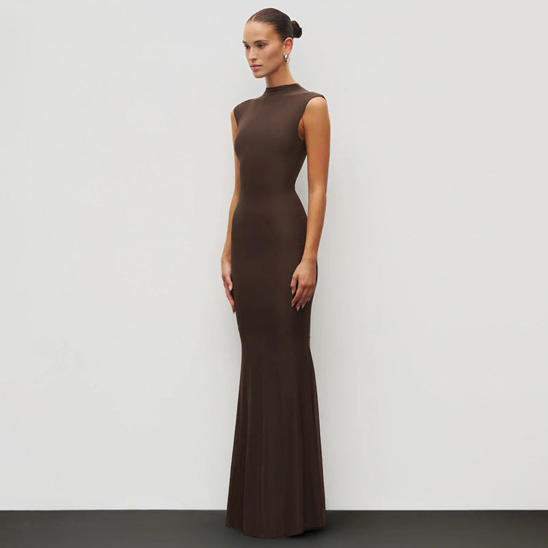 Solid Colored Casual Elegant Stand Neck Sleeveless Bodycon Mermaid Long Dress