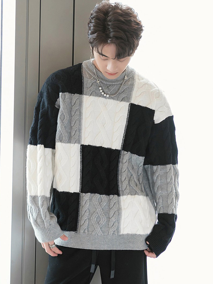Crewneck Sweater Men's Checkerboard Senior Sense Loose Casual Thick