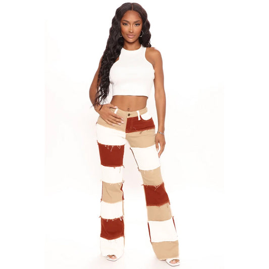 Flow Fashion Patchwork High Waist Tight Hip Horn Women's Denim Trousers