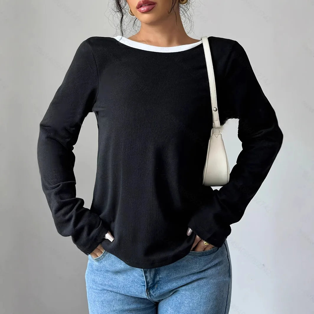 Trendy T-shirt med rund hals, to dele, Illusionknit, lange ærmer, baselayer-top, crew neck design til kvinder