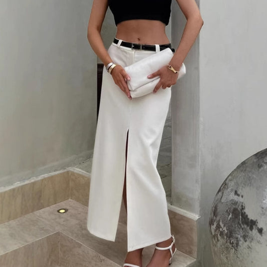 French-style Commuter White Straight-Line Suit Skirt With A Slit