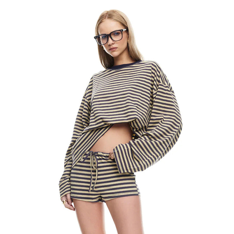 Comfortable Relaxed Casual Striped Drawstring Shorts Set