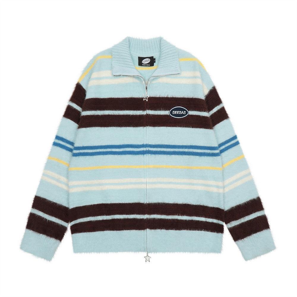 Europæisk og Amerikansk Street Trendy Stribet Strikket Cardigan Sweater