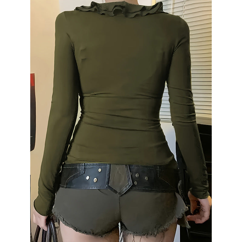 Women's Vintage Ruffled Tight Long-sleeved Sweater