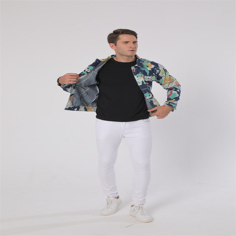 Lapel Denim Camouflage Hand-painted Floral Cloth Long Sleeve Non-elastic Denim Coat Jacket