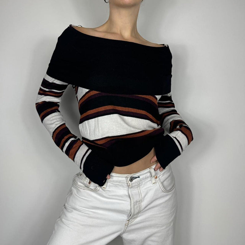 American-style Casual Contrast Color Striped Off-shoulder Sweater