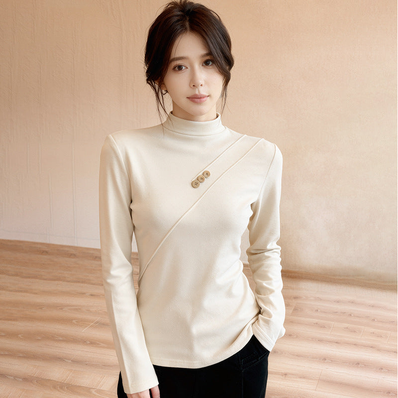 Button-up Half Turtleneck Fleece Long-sleeve Women's Base Layer Shirt