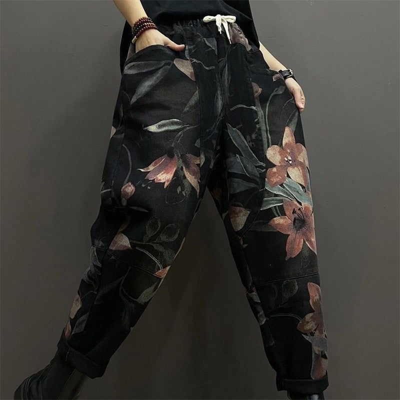 Spring New Literary Large Size Printed Denim Old Dad Pants