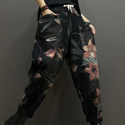 Spring New Literary Large Size Printed Denim Old Dad Pants
