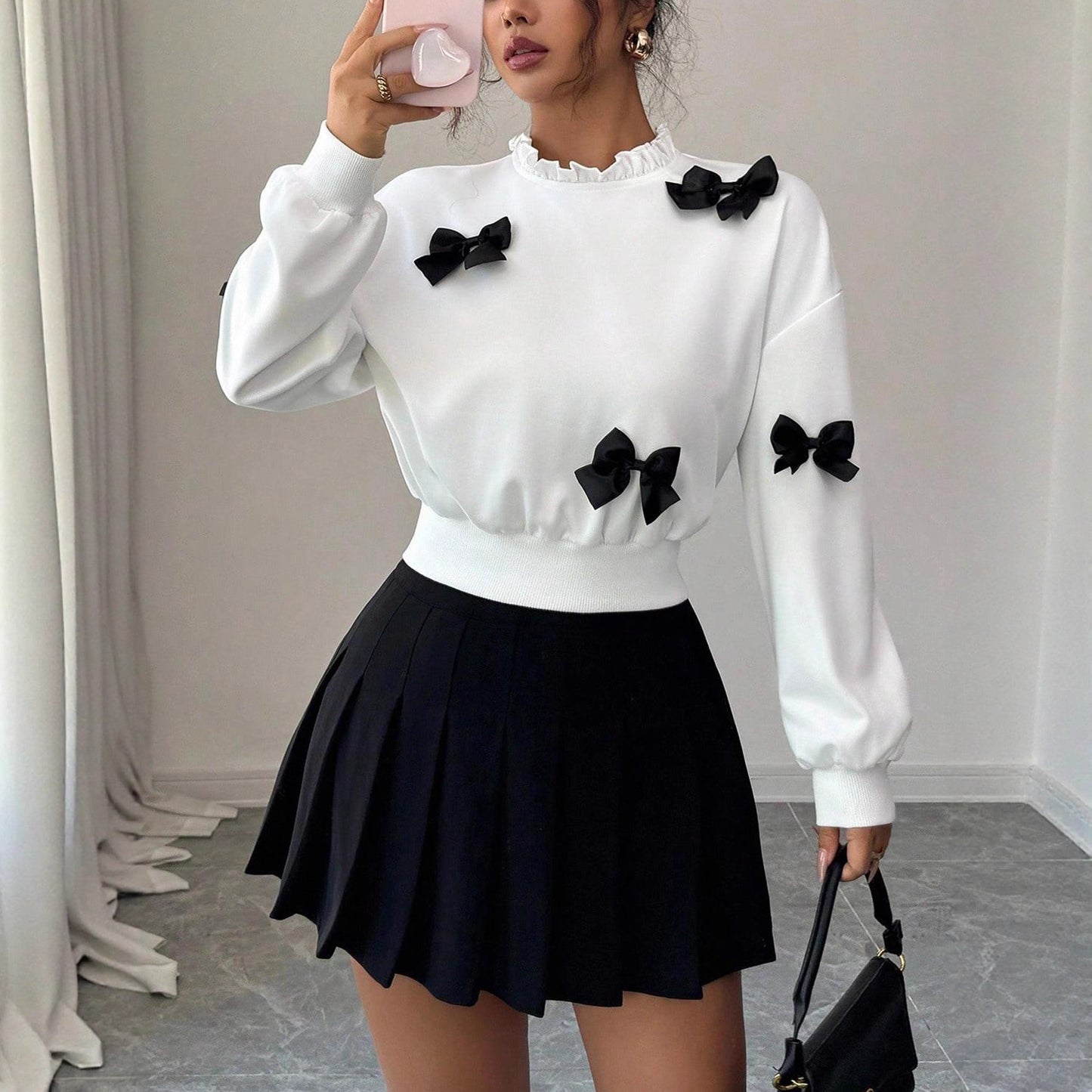 Women's Fashion Simple Bow Decor Short Hoodie
