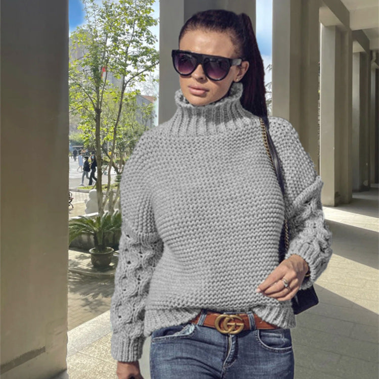 Loose Cable-knit Solid Color Turtleneck Sweater For Women