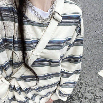 Stribet Sweater i Japansk Stil, Mælkehvid, Par, Fritidsstil, Mellemlang