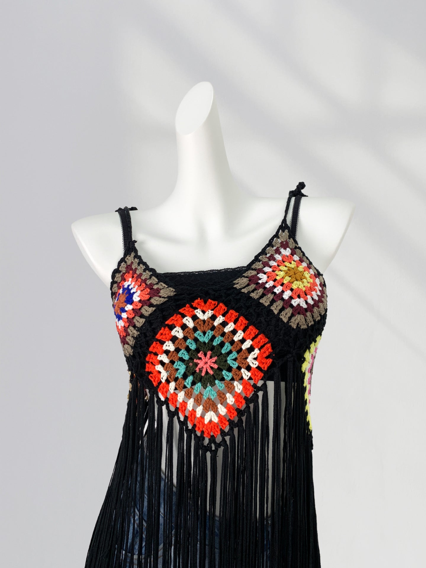 Long Handmade Crocheted Plaid Knitted Sling Tassel Smock Dress