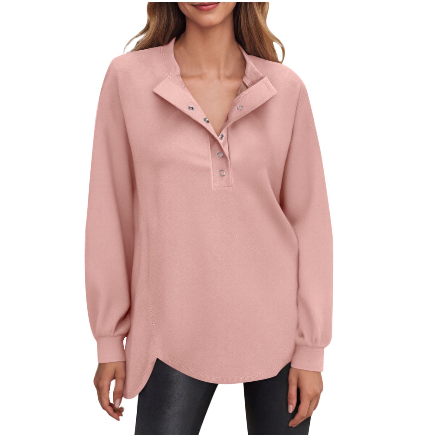 Dame Casual Ensfarvet Rund Hals Bluse med Knapper og Lange Ærmer
