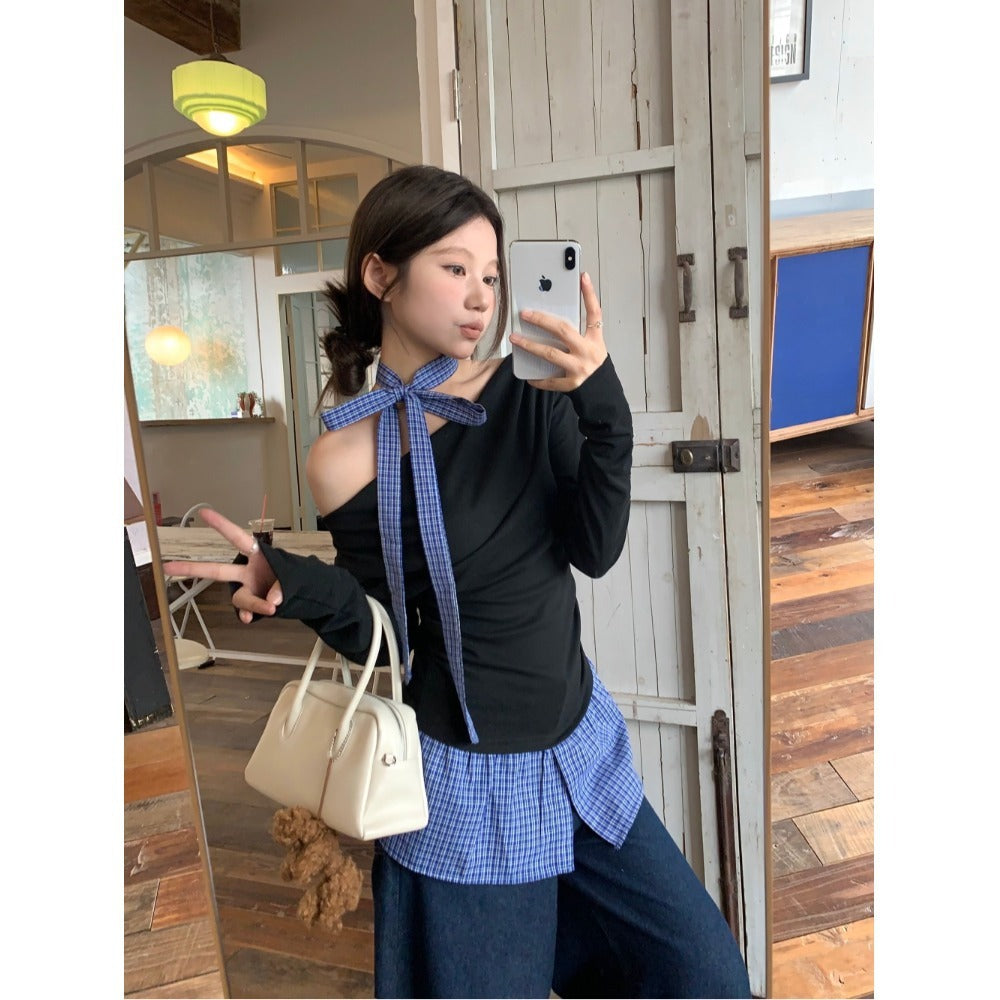 Women's Fake Two-piece Grid Off-shoulder T-shirt