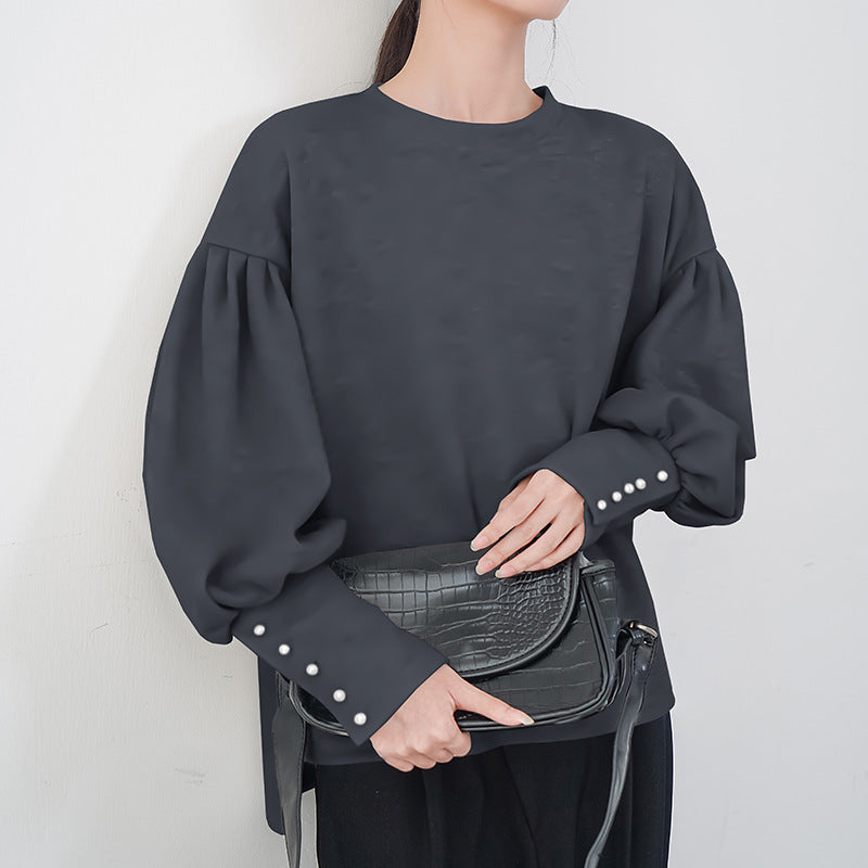 Women's Lantern Sleeve Sweater Pearl Buckle Solid Color