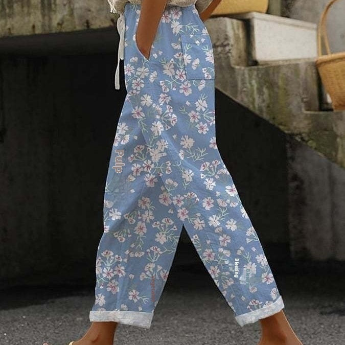 Digital Flower Printing Rag-eared Casual Pants