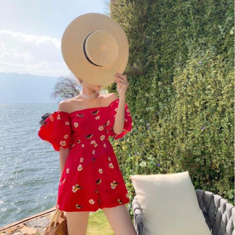 Women's Vintage Print Thin Square Neck Shorts