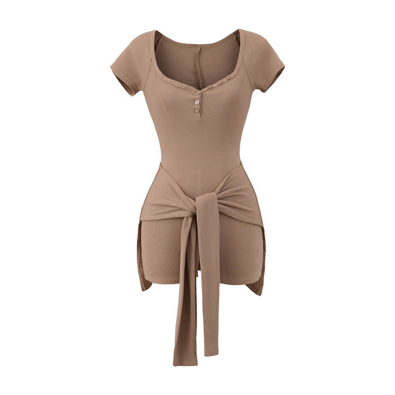 European And American Style Design Sense Peach Collar Waist Tied Jumpsuit